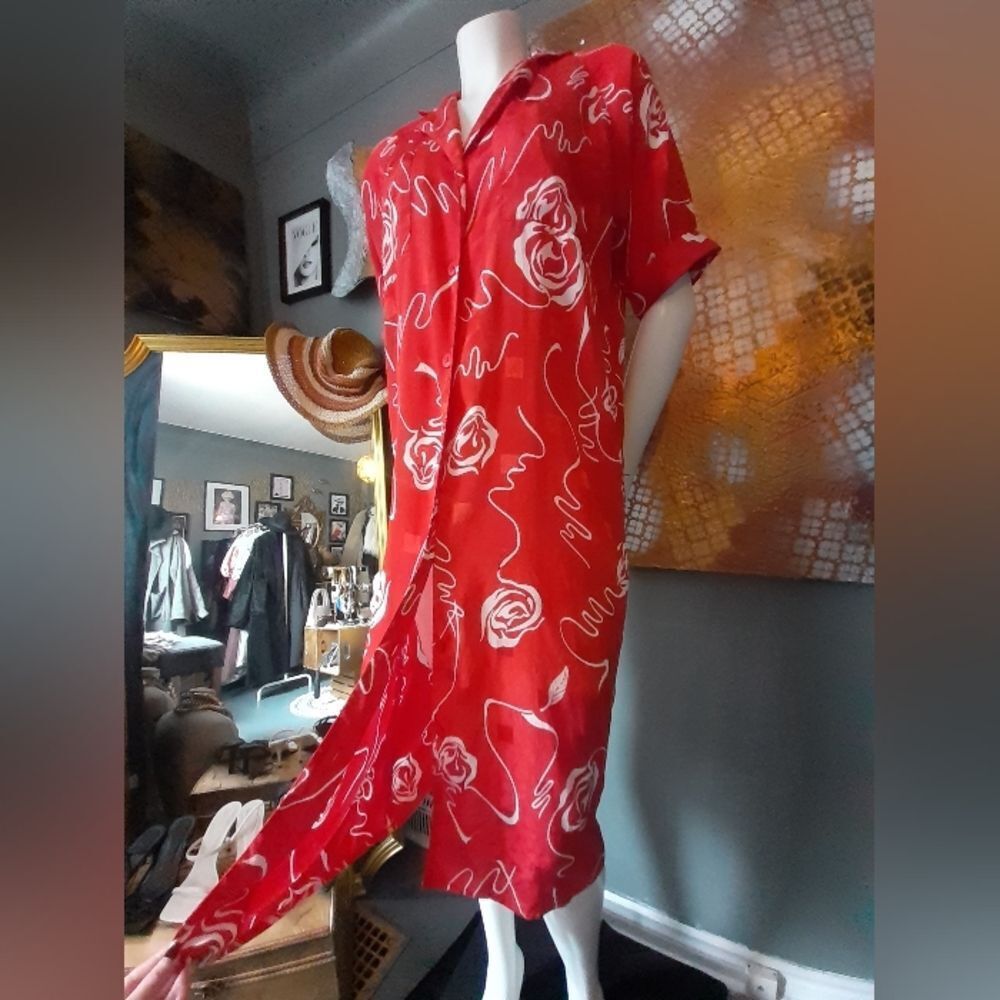 Vintage 1980s Abstract Floral Print Midi Shirt Dress